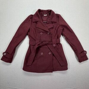 Joujou Pea Coat Womens Medium Excellent Burgundy Belted Double Breasted Jacket
